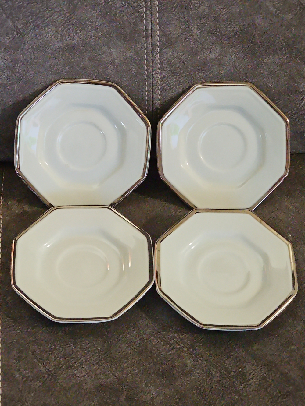 Set of 4 White Octagonal Porcelain Saucer / Plates with Silver Rim